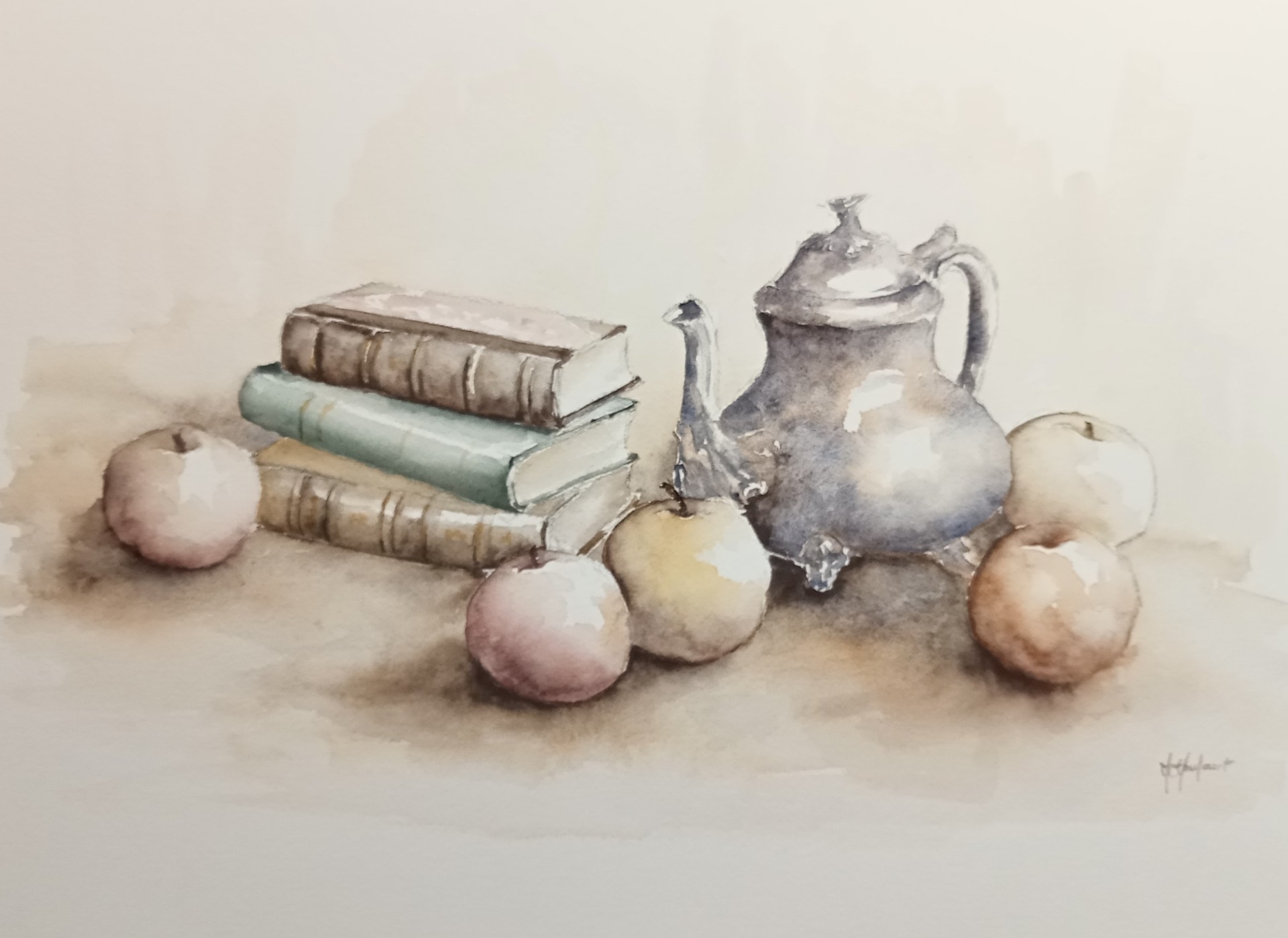 Pommes, livres et vieil étain